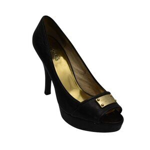Michael Kors Peep Toe Platform High Heels Shoes 10 Black Leather Gold Logo Plate